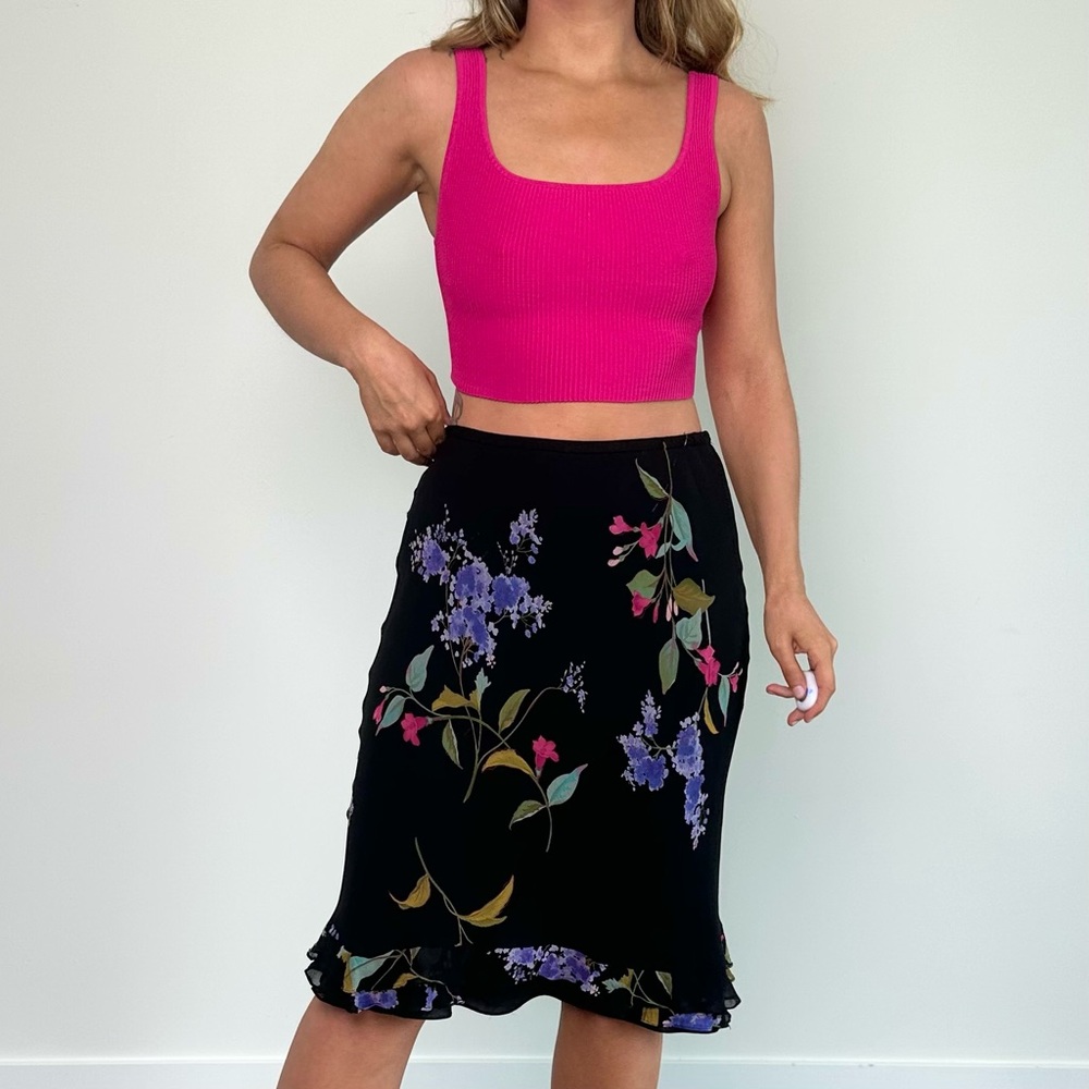 Y2K Black Floral Fitted Midi Skirt (M)